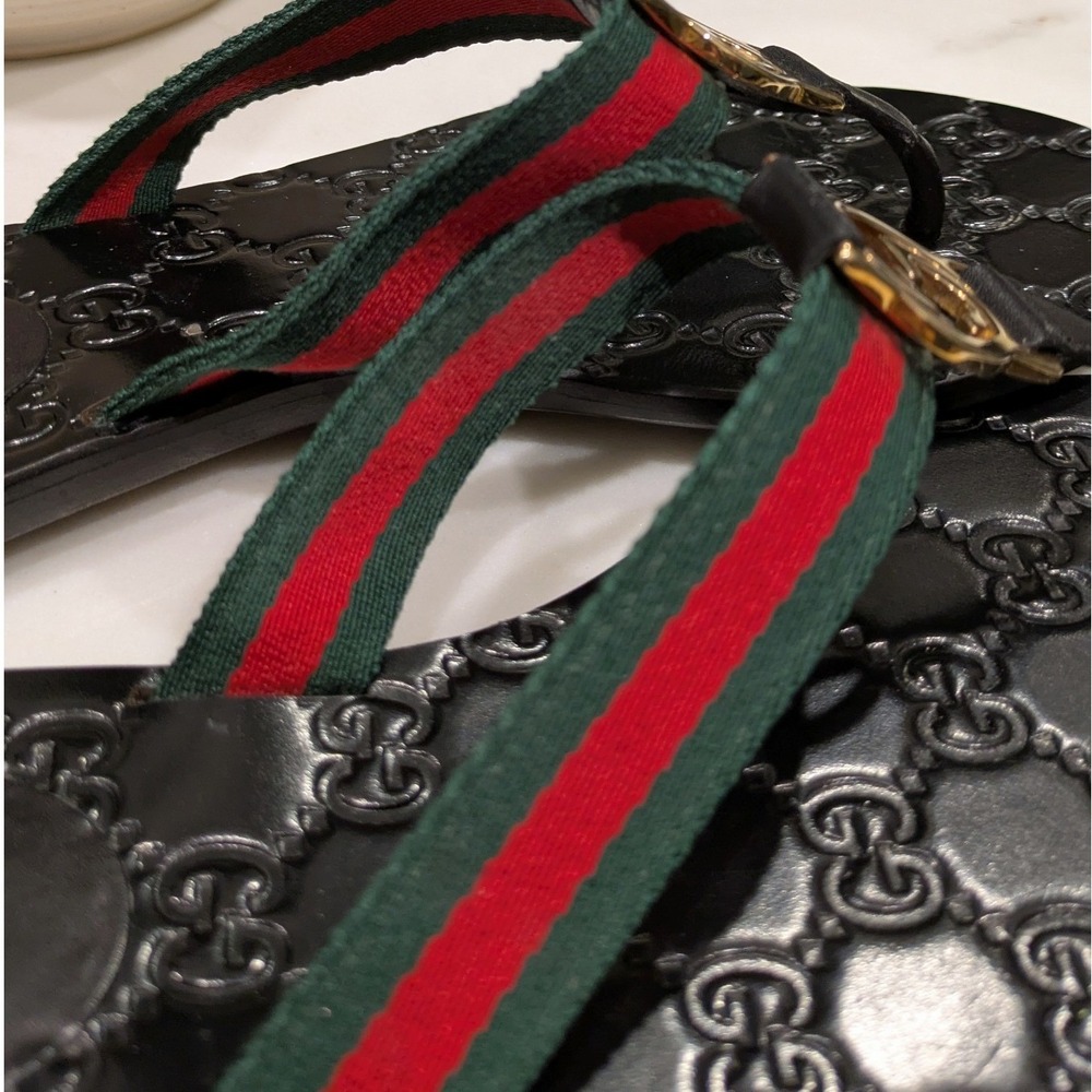 Gucci Flip Flop Thong Sandals Women 37.5 Black Green Red GG Monogram - Picture 5 of 14